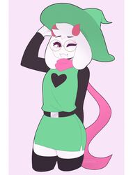  absolute_territory anthro belt border bovid caprine clothing deltarune digital_drawing_(artwork) digital_media_(artwork) exqmaster eyewear femboy fur glasses goat green_clothing green_hair hair hi_res horn male mammal one_eye_closed pink_background pink_horn ralsei round_glasses scarf simple_background smile smiling_at_viewer solo undertale_(series) white_body white_border white_fur 