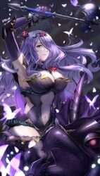  6nutqd2kwd0iqcl absurdres armpits axe black_dress black_thighhighs breasts bug butterfly camilla_(fire_emblem) camilla_(resplendent)_(fire_emblem) cleavage covered_navel dragon dress elbow_gloves fake_horns female fire_emblem fire_emblem_fates fire_emblem_heroes flower gloves hair_flower hair_ornament hair_over_one_eye highres holding holding_axe horns large_breasts long_hair official_alternate_costume parted_lips plant purple_eyes purple_gloves purple_hair short_dress strapless strapless_dress thighhighs thorns very_long_hair vines wyvern 