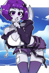  absurdres bandaid_on_thigh blue_sky bob_cut breasts cleavage colored_skin crop_top female finger_to_mouth grey_skin highres holding holding_knife hood hoodie knife looking_at_viewer midriff mole mole_under_eye muds neon_violet neon_white purple_eyes purple_hair purple_nails purple_thighhighs short_hair skirt sky smile thighhighs variant_set 