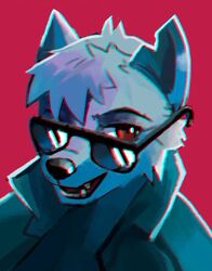  anthro arturo_wolff black_body black_fur bust_portrait canid canine canis chromatic_aberration countershading eyewear fur grey_body grey_fur hair looking_away male mammal mizu_wolf notched_ear one_eye_obstructed open_mouth open_smile portrait red_eyes reverse_countershading short_hair simple_background smile solo sunglasses wolf 