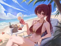  absurdres beach bikini blush breasts cleavage cloud cocktail collarbone commentary crab female hair_between_eyes heterochromia highres hololive houshou_marine houshou_marine_(summer) large_breasts long_hair looking_at_viewer nail_polish navel official_alternate_costume outdoors ponytail red_bikini red_eyes red_hair red_nails sand sitting smile solo swimsuit syc2159 virtual_youtuber water yellow_eyes 