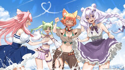  4girls airi_viridis animal_ear_fluff arm_garter asymmetrical_clothes bead_necklace beads belt blue_skirt bow bowtie bra braid breasts brown_pants brown_tube_top cleavage_cutout clenched_hands closed_eyes clothing_cutout cloud commission cone_hair_bun crop_top detached_sleeves double_bun earrings elia_stellaria facial_mark green_bra green_hair grey_hair hair_between_eyes hair_bun hair_ornament hair_over_one_eye hair_ribbon hairbow heart heart_facial_mark high-waist_skirt highres jewelry k_(art71) kirispica leaf_hair_ornament long_hair midriff mozumi_pichi multicolored_hair multiple_girls navel necklace oerba_yun_fang open_mouth orange_hair orange_nails pants pink_hair plaid plaid_skirt pleated_skirt purple_belt purple_bow purple_bowtie purple_eyes purple_ribbon purple_skirt ribbon rope_belt shirt single_fishnet_legwear single_pantsleg skeb_commission skin_fang skirt skirt_hold sky sleeveless sleeveless_shirt strapless streaked_hair thigh_belt thigh_strap torn_clothes torn_pants tube_top twitter_username underwear v-dere virtual_youtuber water white_hair white_shirt white_sleeves wolf_girl 