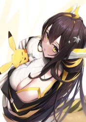  :o absurdres bare_shoulders black_hair blonde_hair blush breasts eel_girl electricity female from_above headgear highres hug idol_corp juna_unagi large_breasts long_hair looking_at_viewer looking_up multicolored_hair parted_lips pikachu pokemon pokemon_(creature) skai_kun smile streaked_hair trait_connection virtual_youtuber yellow_eyes 