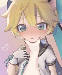  1boy 1other aged_down animal_ears blonde_hair blue_eyes blush cat_ears commentary_request heart highres kagamine_len lolicon male_focus meme nejime pov pov_cheek_grabbing_(meme) pov_hands sailor_collar school_uniform serafuku solo_focus urin_(coconuts3252) vocaloid 