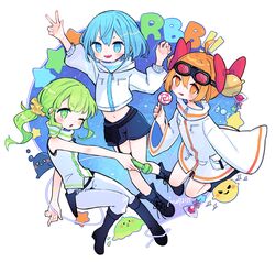  3girls :o :q ahoge alternate_costume arm_up bell bellko_(rbb) belt black_belt blue_eyes blue_hair blue_shorts boots border bow cable candy coat commentary creature cropped_jacket food full_body goggles goggles_on_head green_eyes green_hair group_name hair_bell hair_ornament hair_scrunchie hairbow hamko_(rbb) high_collar highres holding holding_cable holding_microphone holster hood hood_down hooded_jacket jacket ketsuko_(rbb) knee_boots lollipop long_hair long_sleeves looking_at_viewer low_ponytail m_(m073111) microphone midriff multiple_girls multiple_hair_bows navel open_mouth orange_eyes orange_hair outside_border outstretched_arm pants rainybluebell red_bow scrunchie sharp_teeth shooting_star short_eyebrows short_hair short_shorts shorts side_ponytail sidelocks single_sleeve_past_fingers smile starry_background swirl_lollipop symbol-only_commentary teeth tongue tongue_out v-shaped_eyebrows vest w white_border white_coat white_pants white_vest wide_sleeves 