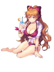  ahoge artist_request bare_legs barefoot bead_bracelet beads bikini blush bow bracelet breasts cleavage closed_mouth collarbone collared_shirt cup drink drinking_glass drinking_straw earrings female final_gear food fruit full_body hairbow half_updo high_ponytail highres holding holding_cup holding_drink ice jewelry legs lemon lemon_slice long_hair long_sidelocks looking_at_viewer marma_(final_gear) midriff official_art orange_hair parted_lips pink_armband pink_bikini pink_bow purple_eyes shirt simple_background single_earring single_sidelock sitting sleeves_past_elbows smile solo swimsuit tachi-e third-party_source tied_armband tied_shirt toes transparent_background very_long_hair wavy_hair white_shirt white_sleeves 