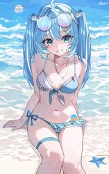  absurdres ahoge arahashi_tabi bandage_on_face bandages bandaid bandaid_on_shoulder beach bikini blue_bikini blue_eyes blue_hair blue_nails blue_sky breasts cat-shaped_eyewear character_name collarbone double-parted_bangs eyewear_on_head feet_out_of_frame female frilled_bikini frills front-tie_bikini_top front-tie_top hair_between_eyes hair_intakes hair_ornament highres in_water jewelry kkato long_bangs long_finger long_hair looking_at_viewer mascot nail_polish navel necklace ocean round_eyewear side-tie_bikini_bottom signature sitting sky small_breasts solo starfish stellive stomach string_bikini striped_bikini striped_clothes sunglasses swimsuit thigh_gap thigh_strap tide twintails two-tone_bikini virtual_youtuber white_bikini 