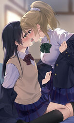  2girls ayase_eli black_hair black_jacket blonde_hair blue_eyes blue_skirt blurry blurry_background blush bow collared_shirt commentary_request eye_contact french_kiss green_bow highres jacket jacket_partially_removed kissing long_hair looking_at_another love_live! love_live!_school_idol_project multiple_girls nanatsu_no_umi otonokizaka_school_uniform pleated_skirt ponytail school_uniform scrunchie shirt sitting skirt sonoda_umi sweat sweater_vest very_long_hair wariza white_scrunchie white_shirt yellow_eyes yuri 