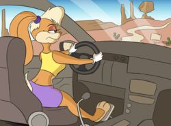  2023 3_toes 4_fingers anthro barefoot barefoot_driving belugatoons black_eyes blonde_hair buckteeth car car_interior clothing countershade_feet countershading desert feet female fingers fur gloves hair hair_decoration handwear hi_res inside_car lagomorph leporid lola_bunny looney_tunes mammal pedal_pumping pink_nose rabbit smile solo steering steering_wheel tan_body tan_fur teeth toes vehicle warner_brothers white_clothing white_gloves white_handwear windshield 