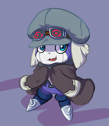  ambiguous_gender anthro appmon appmon_(species) bandai_namco blue_eyes clothing digimon digimon_(species) eyewear floweyr000 fur goggles hat headgear headwear hi_res offmon oversized_sleeves purple_body purple_fur scarf simple_background solo 