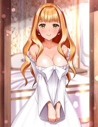  absurdres black_clover breasts brown_hair cleavage closed_mouth dress earrings female green_eyes highres indoors itacho_(itasha_draws) jewelry large_breasts light_particles long_hair looking_at_viewer mimosa_vermillion smile solo v_arms white_dress 