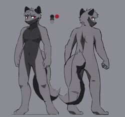  5_fingers anthro arturo_wolff back_markings black_body black_fur canid canine canis countershading fingers flat_colors front_view fur grey_body grey_fur hair looking_away looking_back male mammal markings mizu_wolf model_sheet notched_ear plantigrade rear_view red_eyes reverse_countershading short_hair simple_background slim solo standing wolf 