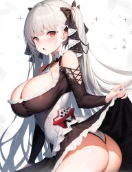  ass azur_lane between_breasts black_dress black_ribbon blush breasts cleavage clothes_lift commentary_request dress dress_lift female formidable_(azur_lane) grey_hair hair_ribbon highres large_breasts lifting_own_clothes long_hair looking_at_viewer open_mouth panties red_eyes ribbon solaris_(sinhyg) solo twintails two-tone_ribbon underwear white_panties white_ribbon 