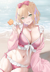  absurdres beach bikini blonde_hair bow breasts cardigan colored_inner_hair female food frilled_bikini frilled_cardigan frills front-tie_bikini_top front-tie_top green_eyes grin hair_between_eyes hair_ornament hairbow hairclip head_tilt highres holding holding_food holding_ice_cream ice_cream kurumi_noah kurumi_noah_(summer_c102) large_breasts long_sleeves looking_at_viewer multicolored_hair navel ocean off_shoulder on_ground pink_bikini pink_bow pink_cardigan pink_lips pink_nails pomelunch purple_hair short_hair side-tie_bikini_bottom sitting smile solo stomach striped_bikini striped_clothes swimsuit thigh_strap two_side_up virtual_youtuber vspo! wet white_bikini white_bow yokozuwari 