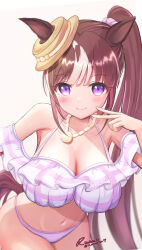  absurdres alternate_costume animal_ears bikini black_hair blunt_bangs breasts cleavage closed_mouth collarbone commentary_request female hair_ornament hat highres hokko_tarumae_(umamusume) horse_ears horse_girl large_breasts long_hair looking_at_viewer purple_eyes runmo77 side_ponytail simple_background smile solo swimsuit twitter_username umamusume white_background 