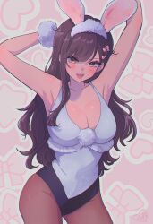  absurdres animal_ears arms_up breasts brown_eyes brown_hair brown_pantyhose cleavage collar fake_animal_ears female hairband highres kokomi_(aniesuakkaman) large_breasts long_hair looking_at_viewer open_mouth original pantyhose rabbit_ears smile solo teeth 