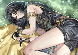  1boy androgynous armlet armpit_peek black_hair black_shorts cape commentary duplicate facial_mark fire_emblem fire_emblem:_radiant_dawn fire_emblem_heroes forehead_mark gold_trim grabbing_own_hair green_cape highres hood hooded_cape jewelry long_hair looking_at_viewer lying male_focus on_grass on_side red_eyes shorts sleeveless soren_(fire_emblem) soren_(khadein)_(fire_emblem) thighs togo2828 two-sided_cape two-sided_fabric yellow_cape 