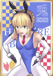  ahoge animal_ears armpits artoria_pendragon_(fate) blonde_hair blue_leotard bowlegged_pose braid braided_bun breasts cleavage collar covered_navel detached_collar elbow_gloves fake_animal_ears fate/grand_order fate_(series) female gloves green_eyes hai_(h81908190) haigure_pose hair_bun hair_ribbon highleg highleg_leotard highres leotard necktie open_mouth pantyhose playboy_bunny rabbit_ears red_necktie ribbon saber_(fate) sidelocks single_hair_bun small_breasts solo white_collar white_pantyhose 