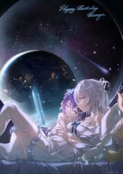  2girls ;) absurdres bare_shoulders blue_eyes bronya_zaychik caisena dress garter_straps grey_hair happy_birthday highres honkai_(series) honkai_impact_3rd knee_up long_hair multiple_girls off-shoulder_dress off_shoulder one_eye_closed purple_hair seele_vollerei short_dress smile thighhighs white_dress white_thighhighs yuri 