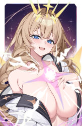  blue_eyes blush breasts brown_hair chinese_commentary cleavage collarbone crown_(naked_king)_(nikke) crown_(nikke) curly_hair female goddess_of_victory:_nikke hand_on_own_chest highres large_breasts long_hair long_sleeves looking_at_viewer off_shoulder official_alternate_costume open_mouth shirt smile solo white_shirt yuxian_youka 