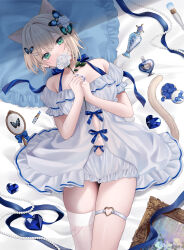  animal_ears babydoll bare_shoulders bead_necklace beads blonde_hair blue_bow blue_butterfly blue_dress blue_gemstone blue_nails blue_ribbon bottle bow breasts bug butterfly butterfly_hair_ornament cat_ears cat_girl cat_tail clothing_cutout cosmetics dress earrings female flower flower_over_mouth frilled_shorts frills gem green_eyes hair_ornament halter_dress halterneck hand_mirror heart-shaped_gem highres jewelry kurumi_noah lingerie lipstick lipstick_tube looking_at_viewer lying makeup makeup_brush medium_breasts mirror navel necklace o-ring o-ring_thigh_strap off-shoulder_dress off_shoulder on_back painting_(object) perfume_bottle petals pillow pomelunch puffy_short_sleeves puffy_sleeves ribbon rose short_hair short_sleeves shorts single_thighhigh skindentation solo spiked_ear_piercing tail thigh_strap thighhighs thighs underwear vspo! white_babydoll white_dress white_flower white_rose white_shorts white_thighhighs 