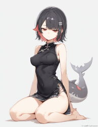  ai-generated alternate_costume bare_legs barefoot black_dress black_hair china_dress chinese_clothes colored_inner_hair covered_navel covered_nipples dress ellen_joe expressionless female fins fish_tail grey_background highres kneeling lilium_(lilydisease) mole mole_under_eye multicolored_hair red_eyes red_hair scar_on_tail shark_tail short_hair signature solo tail two-tone_hair zenless_zone_zero 