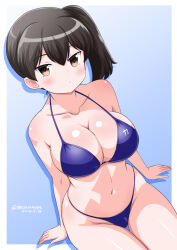  bikini black_hair blue_background blue_bikini breasts brown_eyes cleavage cowboy_shot female from_above gradient_background highleg highleg_bikini kaga_(kancolle) kantai_collection large_breasts long_hair looking_at_viewer masara_(chuujou) navel one-hour_drawing_challenge side_ponytail solo swimsuit thigh_gap 