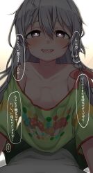  absurdres ahoge bare_shoulders blurry blurry_background blush bow braid breasts bright_pupils collarbone commentary_request cowgirl_position dokudoku913 female green_shirt grey_hair hair_between_eyes hair_ribbon hairbow highres hoshi_syoko huge_ahoge idolmaster idolmaster_cinderella_girls long_hair looking_at_viewer open_mouth oversized_clothes oversized_shirt purple_eyes ribbon sharp_teeth shirt single_braid small_breasts smile speech_bubble sweatdrop teeth translation_request white_pupils you_gonna_get_raped 