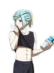  1boy abs alternate_costume aqua_eyes aqua_hair arice487 black_pants black_shirt bottle breath clothes_lift collarbone commentary_request grusha_(pokemon) hand_up highres holding holding_bottle lifting_own_clothes looking_to_the_side male_focus pants pokemon pokemon_sv shirt shirt_lift simple_background sleeveless sleeveless_shirt solo sweat white_background 