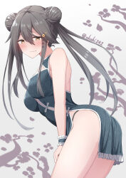  akahi242 alternate_costume alternate_hairstyle ass black_hair blush breasts china_dress chinese_clothes double_bun dress embarrassed female hair_between_eyes hair_bun hair_ornament hairband hairclip haruna_(kancolle) highres kantai_collection large_breasts long_hair looking_at_viewer pelvic_curtain print_background solo twintails 