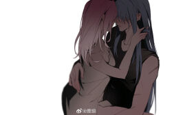  2girls black_hair black_shirt chinese_commentary commentary_request dress earclip gradient_hair hand_in_another&#039;s_hair hand_on_another&#039;s_waist highres miix777 multicolored_hair multiple_girls parted_lips path_to_nowhere purple_hair rahu_(path_to_nowhere) scar scar_on_arm shalom_(path_to_nowhere) shirt simple_background sitting sitting_on_lap sitting_on_person strapless strapless_dress tank_top white_background white_dress white_hair yuri 