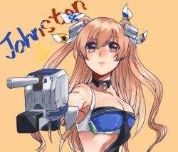  2024_summer_olympics adapted_turret aiming bikini black_neckerchief blue_bikini breasts brown_eyes cannon character_doll cleavage detached_collar female headgear highres johnston_(kancolle) johnston_kai_(swimsuit_mode)_(kancolle) kantai_collection light_brown_hair medium_breasts neckerchief oeoeuhoho olympics orange_background parody solo swimsuit turret two_side_up upper_body yusuf_dikec 