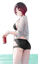  absurdres ass bangle bikini black_bikini black_hair black_shorts bracelet breasts can coca-cola collared_shirt denim denim_shorts dress_shirt female from_behind gradient_hair highres hip_vent holding holding_can jewelry kisaragi_ren_(vtuber) long_sleeves looking_at_viewer looking_back medium_breasts multicolored_hair ocean open_clothes open_shirt parted_bangs parted_lips pomelunch red_eyes red_hair shirt short_hair shorts sideless_outfit smile solo strap_gap swimsuit tied_shirt virtual_youtuber vspo! white_shirt 