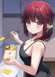  absurdres alternate_hairstyle bento black_camisole blunt_bangs blush breasts camisole chopsticks cleavage closed_mouth commentary english_commentary female food from_side highres holding holding_bento holding_chopsticks ikazu401 keroro_suika looking_at_viewer medium_breasts medium_hair multicolored_hair orange_hair red_hair rice smile solo standing streaked_hair twintails upper_body virtual_youtuber yumelive 