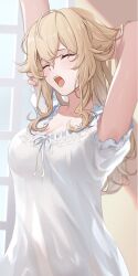  ^_^ arms_up blonde_hair blush breasts closed_eyes commentary_request female genshin_impact highres indoors jean_(genshin_impact) large_breasts messy_hair mon-chan open_mouth shirt solo upper_body white_shirt 