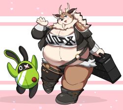  amillion_(zenless_zone_zero) anthro antlers bangboo belly blush bottomwear briefcase clothed clothing cosplay crop_top crossdressing deer duo hi_res horn hotpants kazusa kusosensei male mammal mihoyo moobs navel overweight shirt shorts tamacolle topwear zenless_zone_zero 