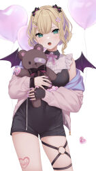  balloon bat_wings blonde_hair contrapposto cowboy_shot female fingerless_gloves gloves green_eyes heart_balloon highres holding holding_stuffed_toy iris_black_games jacket kurumi_noah kurumi_noah_(1st_costume) looking_at_viewer o-ring off_shoulder open_clothes open_jacket open_mouth pomelunch short_hair single_glove solo stuffed_animal stuffed_toy teddy_bear thighs virtual_youtuber vspo! white_background wings 