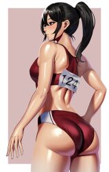  ass back back_focus black_eyes black_hair buruma commentary_request female highres lips long_hair original ponytail red_buruma sidelocks solo sports_bra standing track_and_field track_uniform volyz 