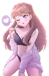  ;o akihitohappy black_bra black_panties bra breasts brown_hair cleavage collarbone commentary_request female fujishima_megumi heart highres kneeling link!_like!_love_live! long_hair looking_at_viewer love_live! medium_breasts one_eye_closed panties purple_eyes revision shirt shirt_partially_removed simple_background solo spoken_heart strap_pull two_side_up underwear virtual_youtuber white_background white_shirt 