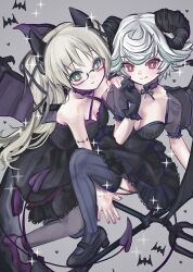  2girls bat_(animal) black-framed_eyewear black_choker black_dress black_gloves blonde_hair blue_footwear blue_thighhighs blue_trim breasts bright_pupils choker cleavage demon_horns demon_tail demon_wings dress fake_horns fake_tail fake_wings frilled_choker frills glasses gloves green_eyes grey_background hair_ornament heart highres horns made_in_abyss medium_breasts multiple_girls pantyhose polearm prushka purple_footwear purple_pantyhose purple_trim red_eyes red_nails riko_(made_in_abyss) sealily semi-rimless_eyewear simple_background sparkle tail thighhighs trident twintails weapon white_pupils wings x_hair_ornament 