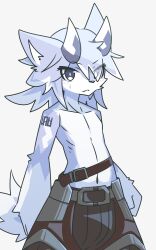  5:8 ambiguous_gender anthro belt blue_body blue_eyes blue_fur bottomwear clothed clothing cool_colors fur hi_res horn kiukiu simple_background skinny sunya_(kiukiu) tattoo topless unknown_species white_body white_fur 