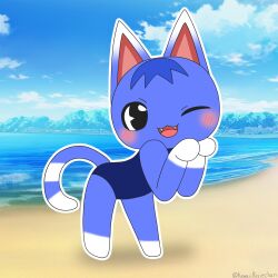  1:1 absurd_res animal_crossing beach clothing domestic_cat felid feline felis female hi_res kawaiirosiechan mammal nintendo one-piece_swimsuit rosie_(animal_crossing) solo swimwear 