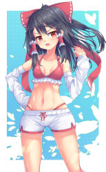  bare_shoulders bikini bikini_under_clothes black_hair bow breasts collarbone commentary_request detached_sleeves female frilled_bikini frills hairbow hakurei_reimu hand_on_own_hip highleg highleg_bikini highres long_hair long_sleeves medium_breasts navel open_mouth puffy_long_sleeves puffy_sleeves red_bow red_eyes ribbon-trimmed_bow short_shorts shorts sleeves_past_wrists solo standing swimsuit touhou uumaru v-shaped_eyebrows white_shorts white_sleeves 