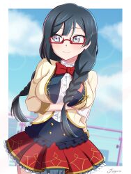  absurdres artist_name black_hair blue_sky blush border braid breasts cloud cloudy_sky english_commentary female glasses gloves grey_eyes highres jagure111 large_breasts long_hair love_live! love_live!_nijigasaki_high_school_idol_club nakagawa_nana red-framed_eyewear semi-rimless_eyewear sky solo twin_braids under-rim_eyewear upper_body white_border white_gloves yuki_setsuna_(afterschool_school_idol)_(love_live!) yuki_setsuna_(love_live!) 