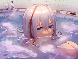  absurdres bathing blue_eyes female hair_intakes highres honkai:_star_rail honkai_(series) looking_at_viewer multicolored_hair partially_submerged ploomie red_hair shampoo_bottle short_hair soap_bubbles solo streaked_hair topaz_(honkai:_star_rail) water white_hair 