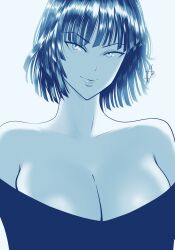  absurdres black_hair breasts cleavage female fubuki_(one-punch_man) greyscale highres light_smile looking_at_viewer monochrome mostlybluewyatt one-punch_man short_hair signature upper_body 