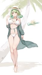  absurdres anklet bare_legs barefoot bikini breasts breasts_apart ceres_fauna character_name earrings female flower flower_necklace green_hair green_jacket hand_up hat highres hololive hololive_english jacket jewelry kanoe_(tatsukanoe) large_breasts long_hair long_sleeves navel open_clothes open_jacket palm_tree parted_lips red_flower solo swimsuit tree virtual_youtuber white_bikini white_flower white_hat yellow_eyes 