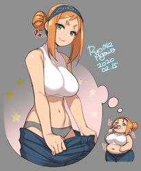  agawa_ryou artist_name bare_shoulders belly blue_eyes breasts chibi chibi_inset commentary dated denim english_commentary fat female grey_background grey_panties hair_bun jeans large_breasts looking_at_viewer midriff navel original panties pants plump signature simple_background single_hair_bun smile smirk tank_top thick_eyebrows underwear weight_loss 