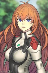  blue_eyes breasts commentary dress elhaym_van_houten female gofelem long_hair looking_at_viewer medium_breasts open_mouth orange_hair outdoors parted_lips solo uniform very_long_hair watermark xenogears 