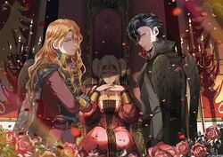  2boys black_hair candle edelgard_von_hresvelg female ferdinand_von_aegir fire_emblem fire_emblem:_three_houses highres hubert_von_vestra long_hair multiple_boys orange_hair sitting throne u_arca_u white_hair 